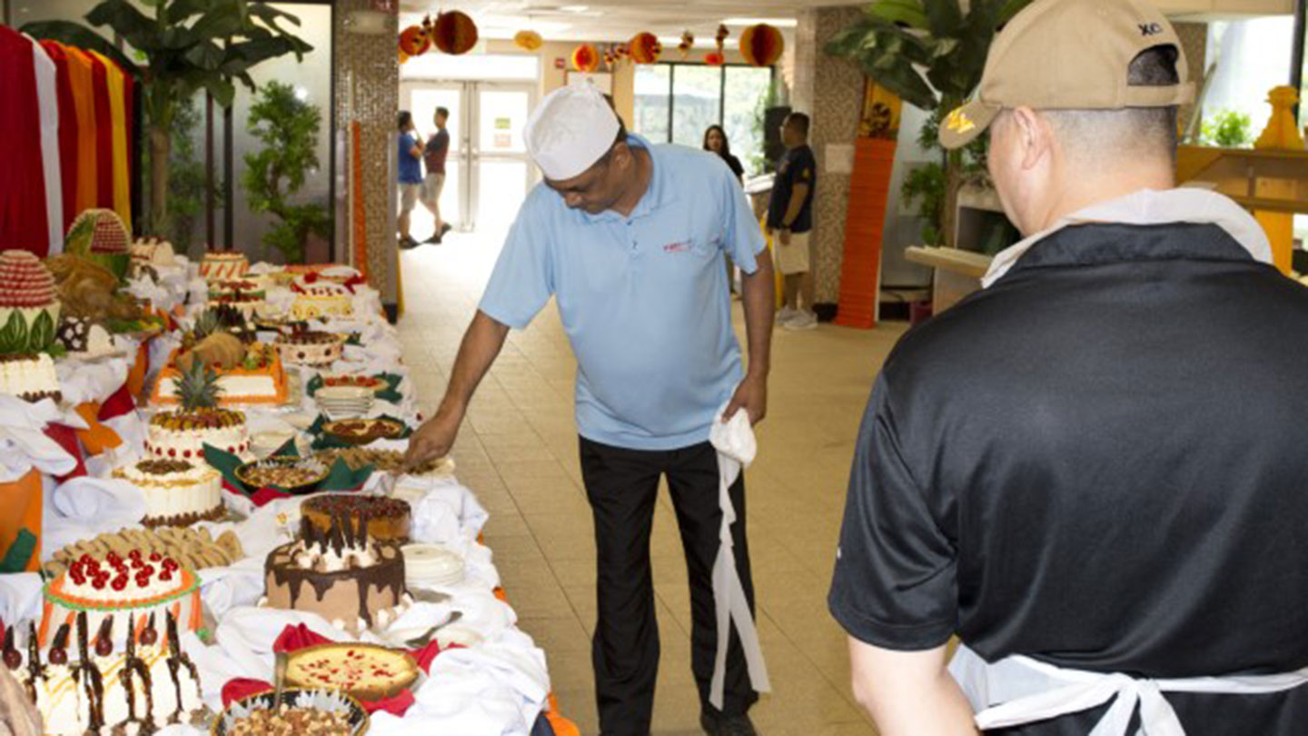 A large Thanksgiving dessert spread on display for patrons at the Seven Degrees South Café at Naval Support Facility, Diego Garcia during their 2019 celebration.