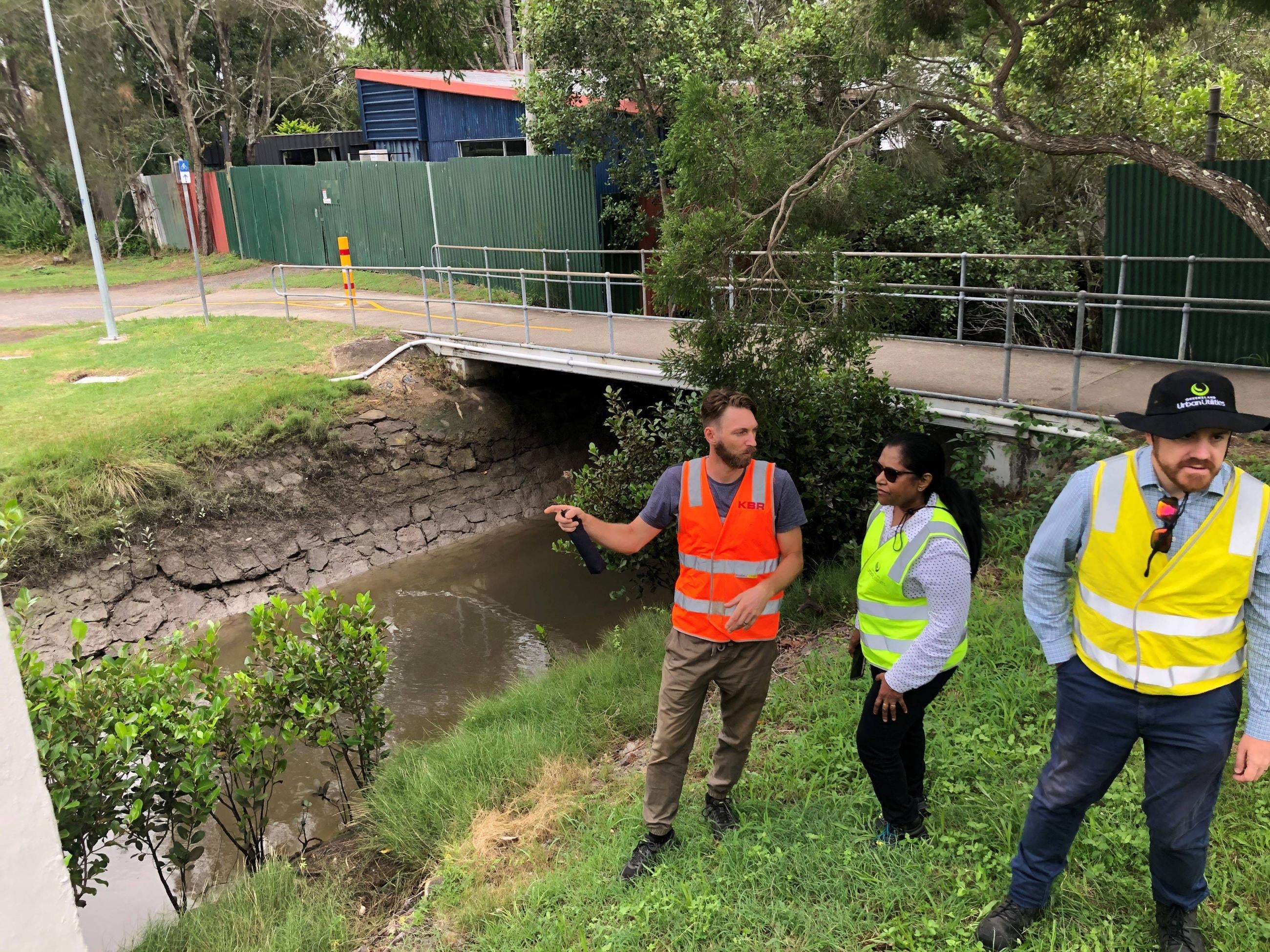 Urban Utilities team on site at Norman Creek with KBR team member Bjorn Wittemeier 
